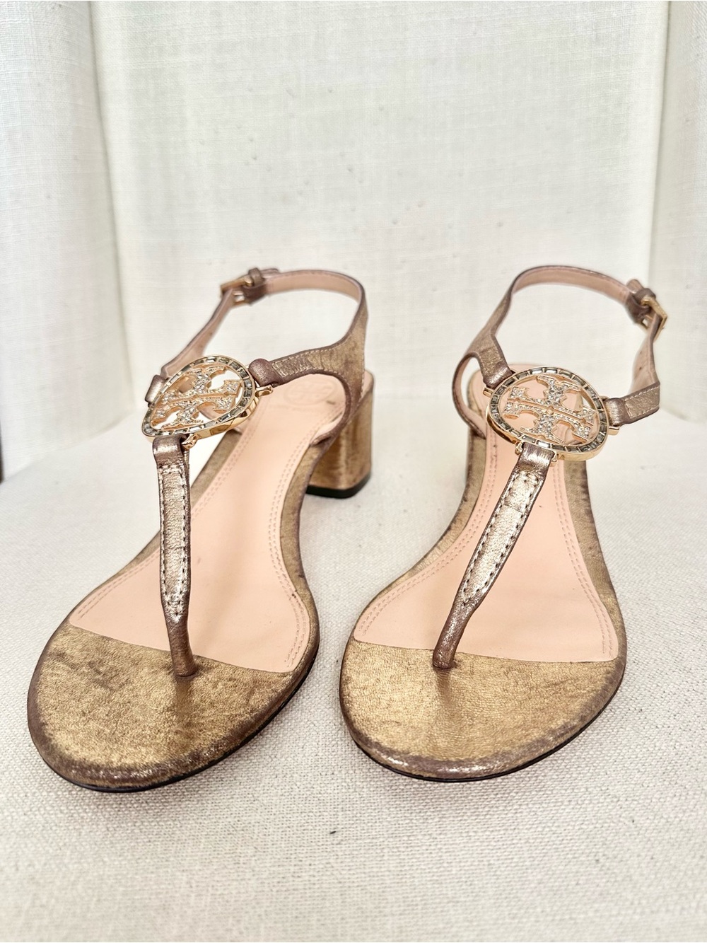 Tory Burch Crystal City Miller Block Heel Metallic Sandals Size 7